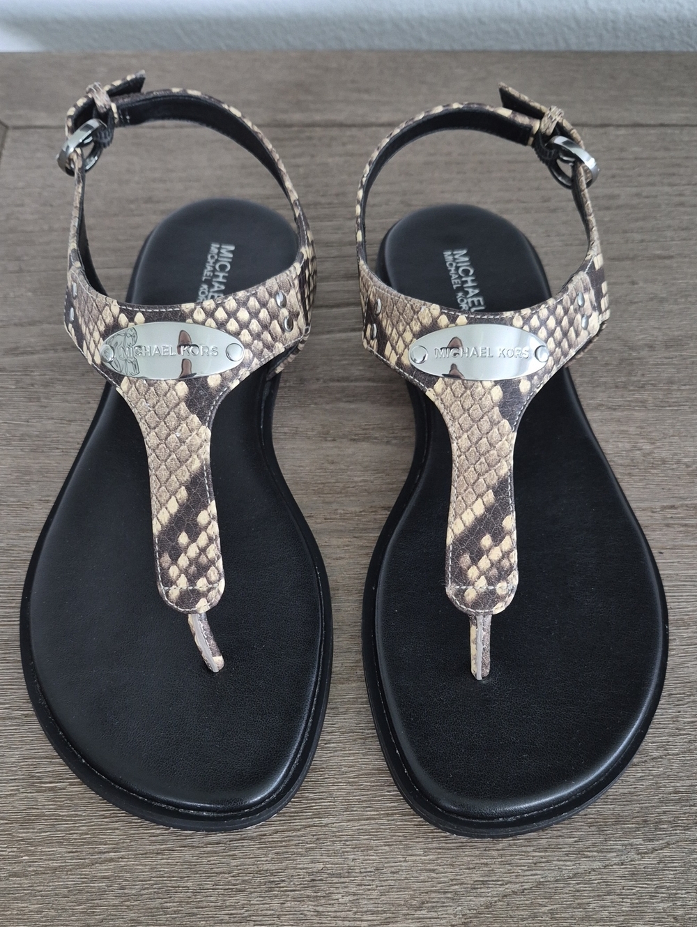 Michael Kors Snake-Print T-Strap Sandals in Black and Brown